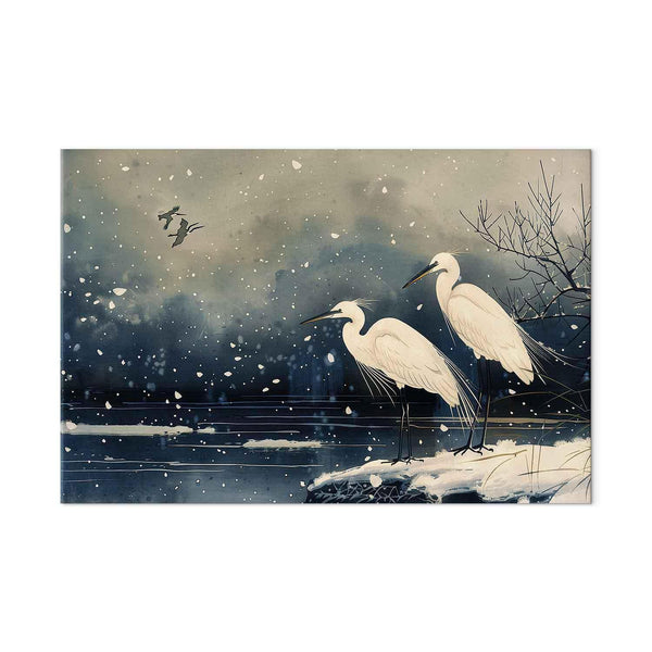Quadro XXL - Herons over a winter pond - Japanese-style illustration in dark colours