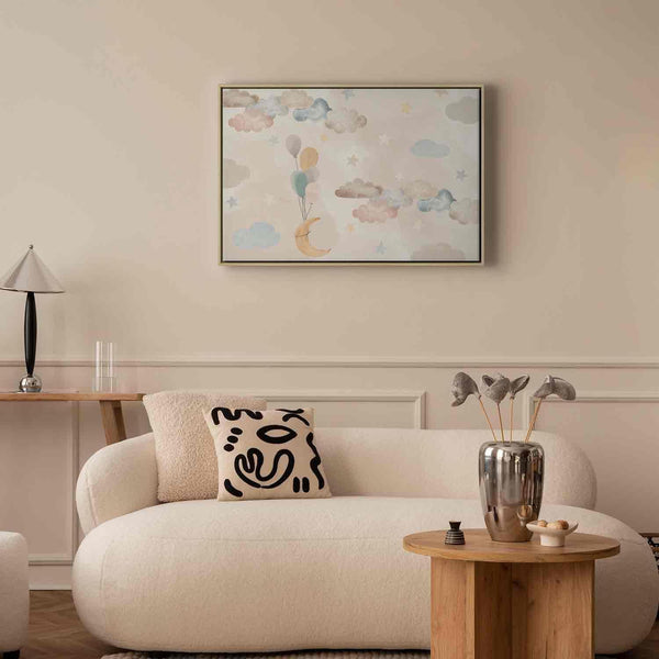 Quadro - Fairy-Tale Moon - Pastel Moon with Balloons Among Colorful Clouds and Stars in Subdued Colors on a Light Background