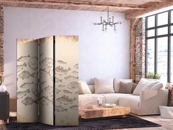 Paravento - Sketch of a Fish School - Sketches of Various Fish Species Swimming in a School on a Beige Background in Vintage Style