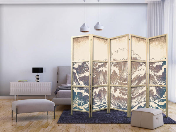 Paravento giapponese - Turbulent Ocean - High Waves in Brown And Navy Colors on a Beige Background in Vintage Style
