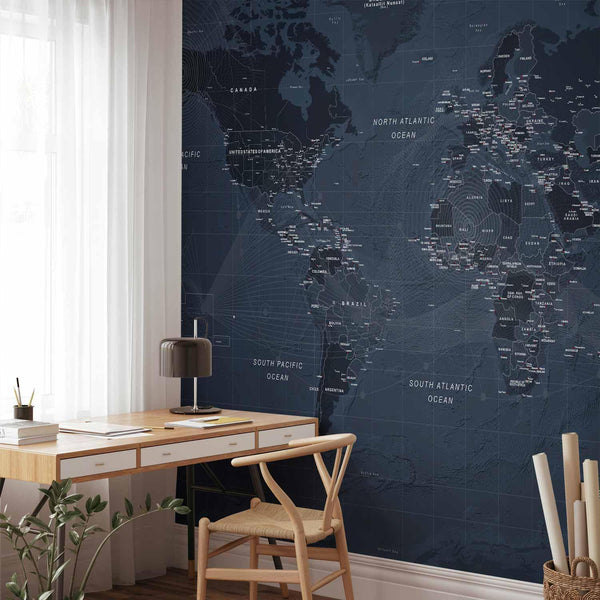 Carta da parati - World map in blue - continents with inscriptions in English