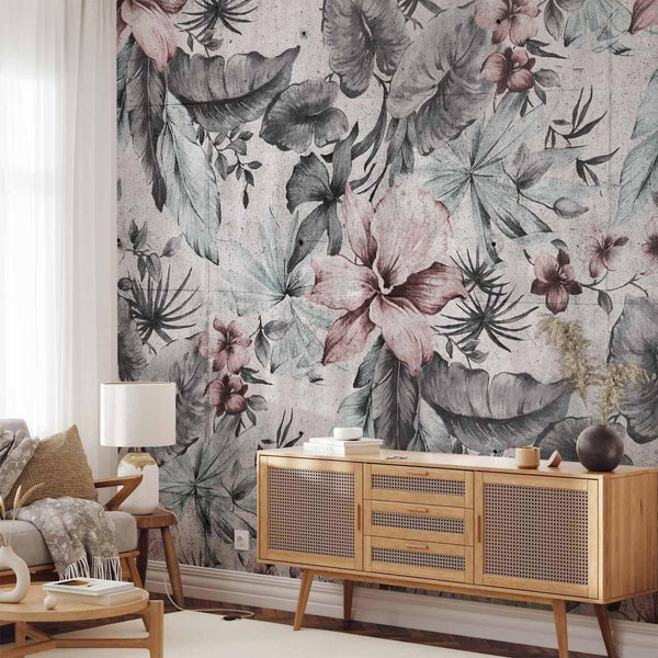 Carta da parati - Nature in retro style - landscape with leaves and flowers in grey tones