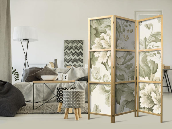 Paravento giapponese - Retro Vintage Flowers in Delicate Cream and Green Colors