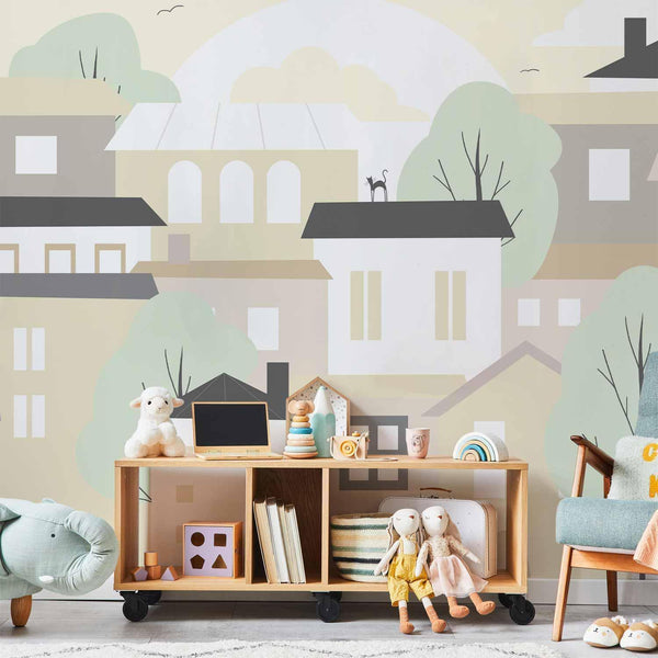 Carta da parati - Yellow town - city suburb with trees and cats for children