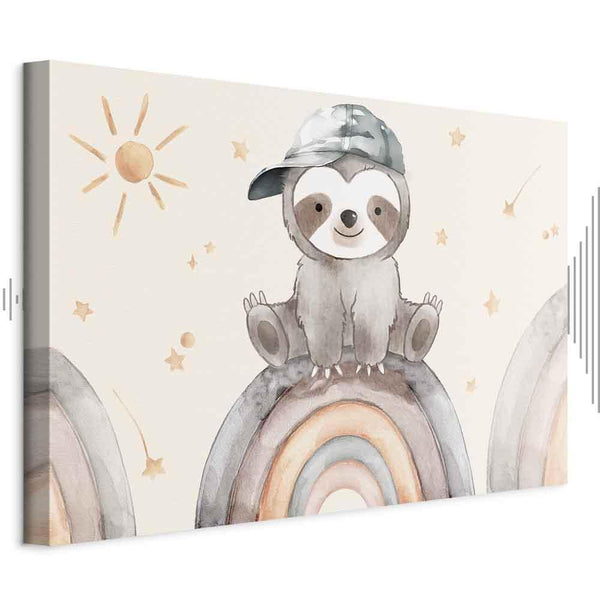 Quadro - Happy Sloth - Sloth in Subdued Colors Wearing a Cap Sitting on a Rainbow Among Little Stars