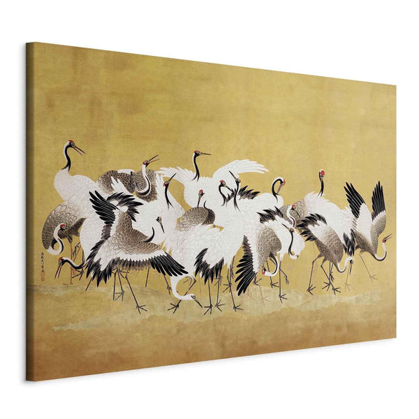 Quadro XXL - Japanese cranes - a flock of birds against a golden background based on a painting by Ishida Yūtei