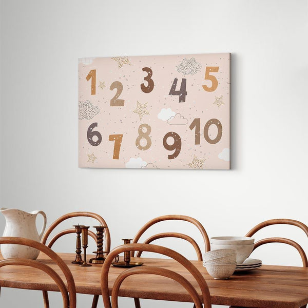 Quadro - Jumping Numbers - Numbers in a Subdued Beige-Brown Hue Among Snowflakes Stars and Clouds