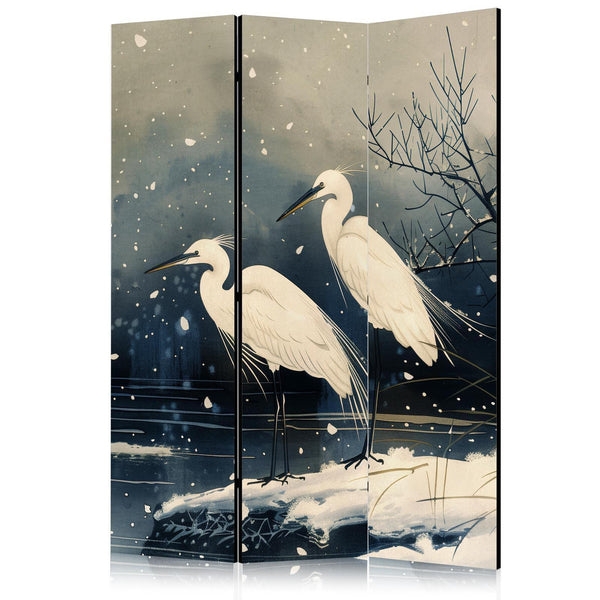 Paravento - Herons over a winter pond - Japanese-style illustration in dark colours