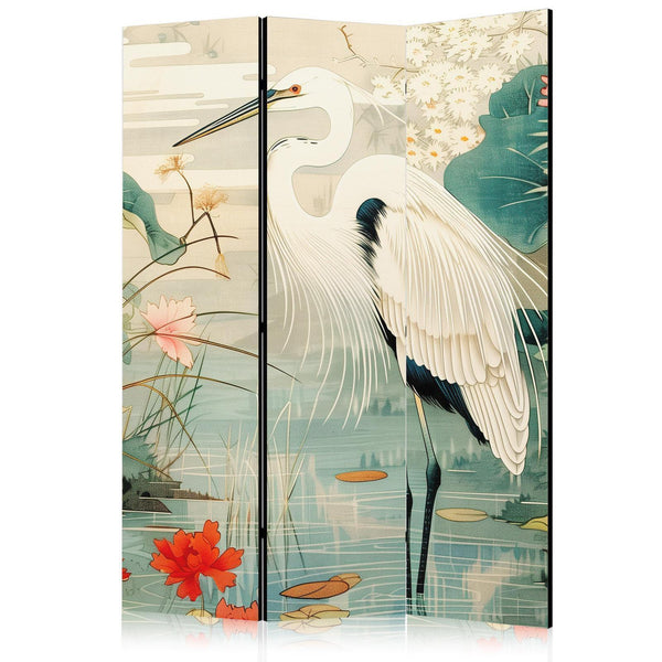 Paravento - By an Asian pond - an illustration in the style of a Japanese engraving, depicting a heron