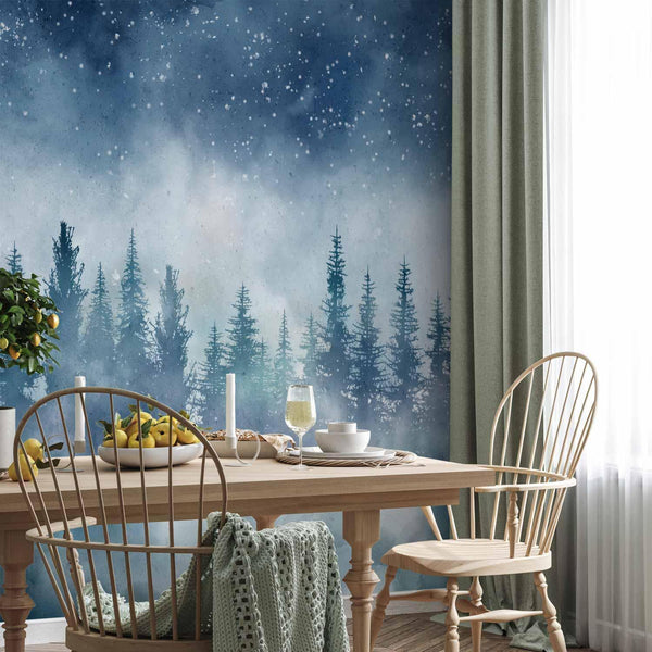 Carta da parati - Night landscape - landscape of a misty forest at night with a starry sky