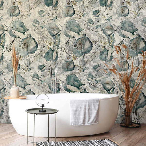 Carta da parati - Autumn souvenirs - cool grey floral pattern with leaves