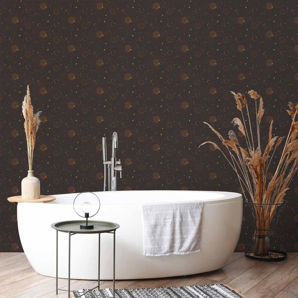 Tappezzeria murale - Night Sky - Artistic Composition of Suns and Planets on a Black Background