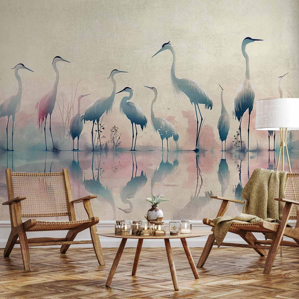 Carta da parati - Birds by the lake - herons painted in watercolour in delicate grey and pink colours