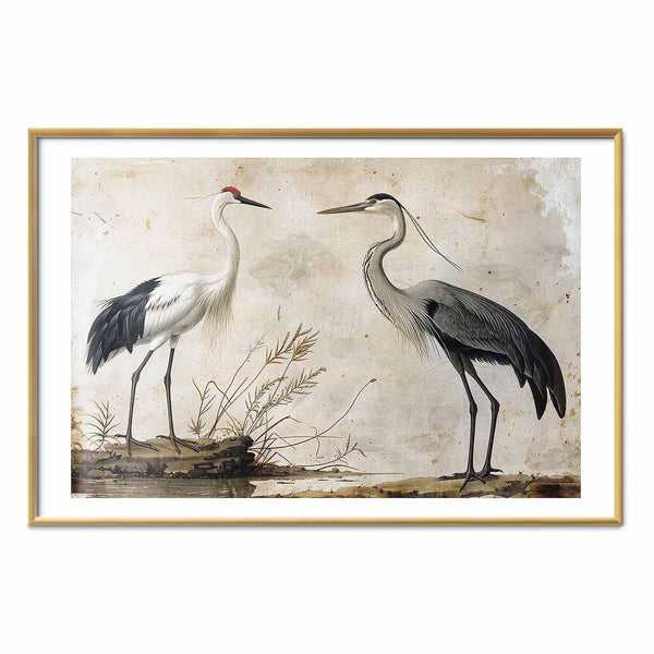 Poster - Birds from an Old Engraving - vintage-style illustration of a heron and a crane