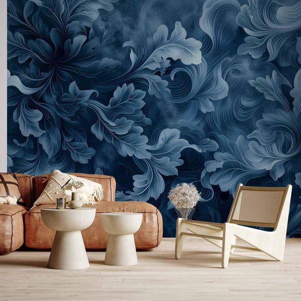 Carta da parati - Abstract Ornaments: Dark Blue Victorian Leaves