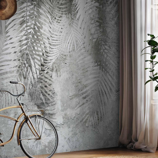 Carta da parati - Light and shadow - grey and white composition with floral motif and pattern
