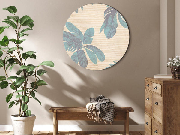 Quadro rotondo - Palm trees behind the mist - Showy palm leaves in a soft shade of green on a slightly wavy sand background