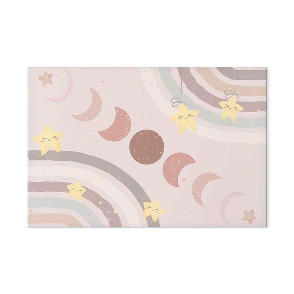 Quadro - Joyful Sky - Yellow Cheerful Stars with a Rainbow Against the Phases of the Moon in a Light Beige Sky Hue