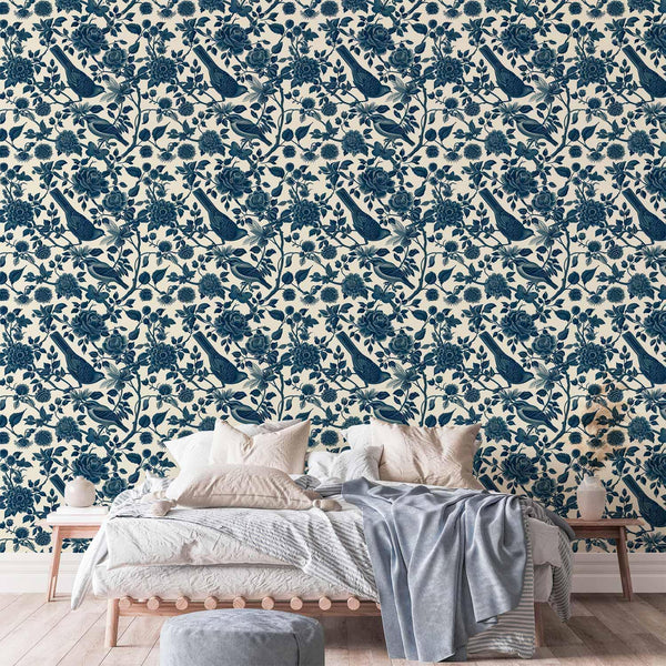 Tappezzeria murale - Birds and roses - monochrome blue pattern with botanical motif
