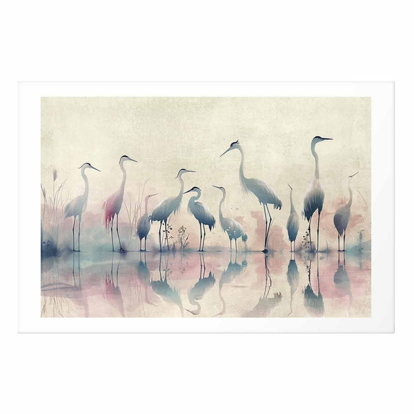 Poster - Birds by the Lake - herons painted in watercolor in a delicate, gray-pink palette