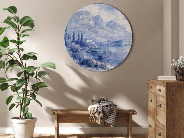 Quadro rotondo - Blue bay - Italian landscape of Lake Como painted with blue ink