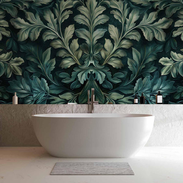 Carta da parati - Dark Green Victorian Leaves: Botanical Carved Composition