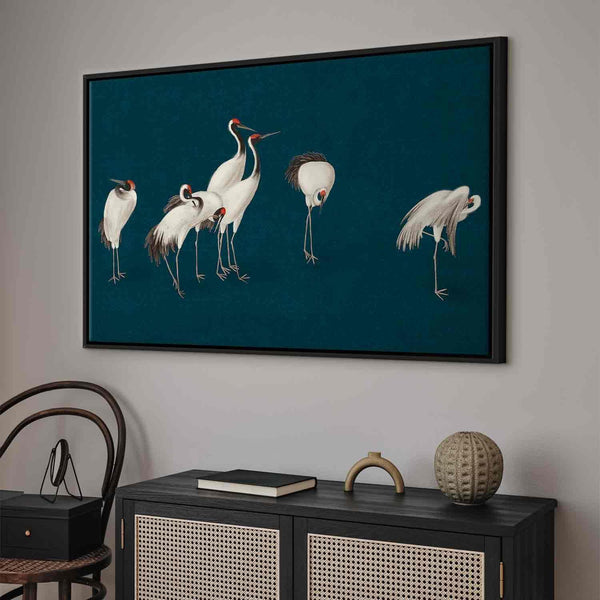 Quadro - Evening by the pond - a group of cranes drawn in dry pastel on a dark turquoise background