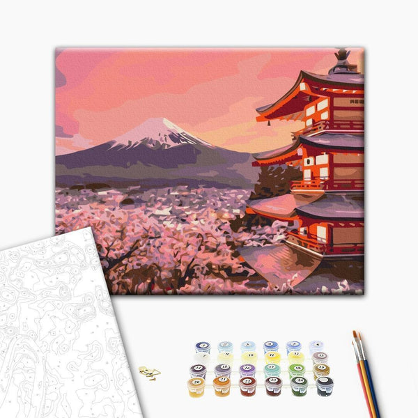 Quadro fai da te - A temple against the backdrop of Mount Fuji