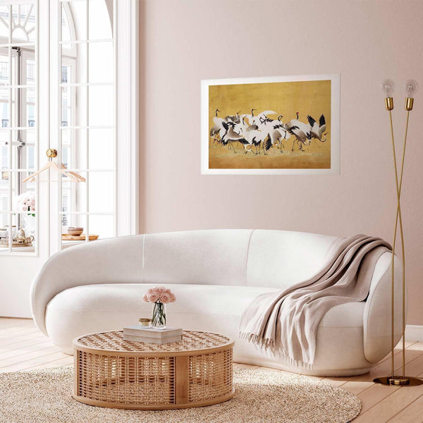 Poster - Japanese Cranes - a flock of birds against a golden background based on the painting of Ishida Yūtei