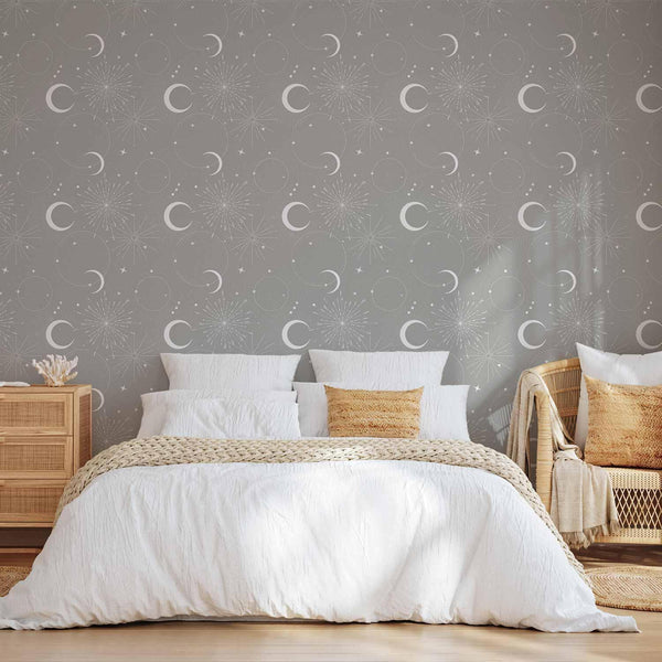 Tappezzeria murale - Cosmic Fireworks - Elegant pattern with moons and stars on a gray background