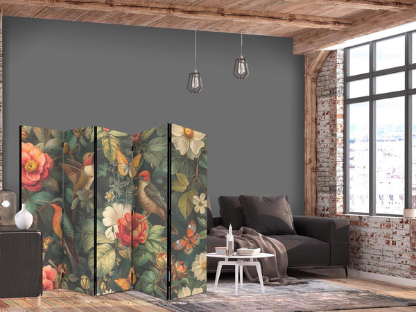 Paravento - In the Botanical Garden - Flowers Birds and Butterflies - Colorful Illustration
