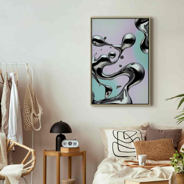Quadro - Metallic Fluidity - Abstract Silver Forms on a Mint-Purple Background