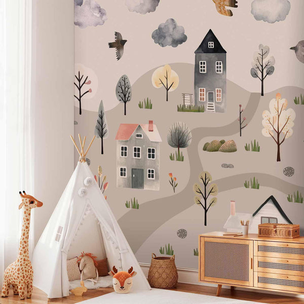 Carta da parati - Scandinavian Valley - Village in Pastel Colours Painted in Watercolours