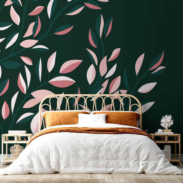 Carta da parati - Flowering vine - minimalist climbing leaves on a green background