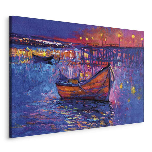 Quadro - Modern impressionism - night landscape of a lake with a floating boat