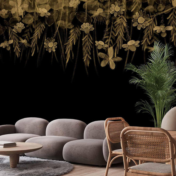 Carta da parati - Nature landscape - black abstract nature motif with flowers in sepia