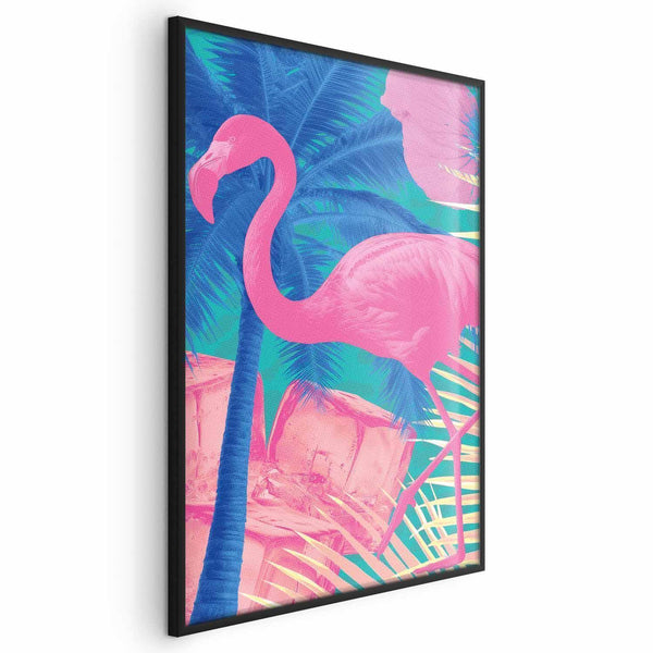 Poster - Pink Flamingo - abstract flamingo against a background of palm trees and ice cubes