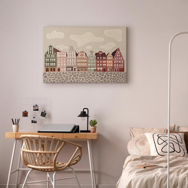 Quadro - Salt Square - Colorful Illustrated Townhouses Against a Cloudy Sky Background