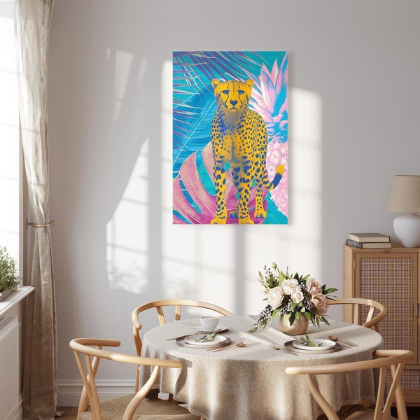 Quadro - Exotic Leopard - Colorful Portrait of a Cheetah Against Tropical Leaves