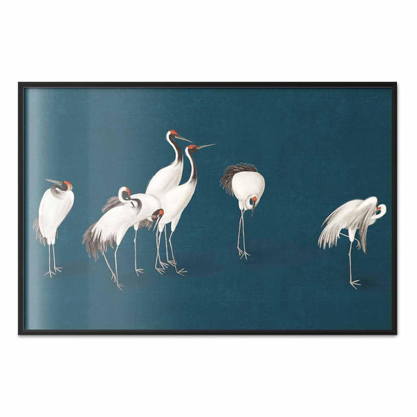Poster - Evening at the Pond - group of cranes drawn in dry pastel on a dark turquoise background