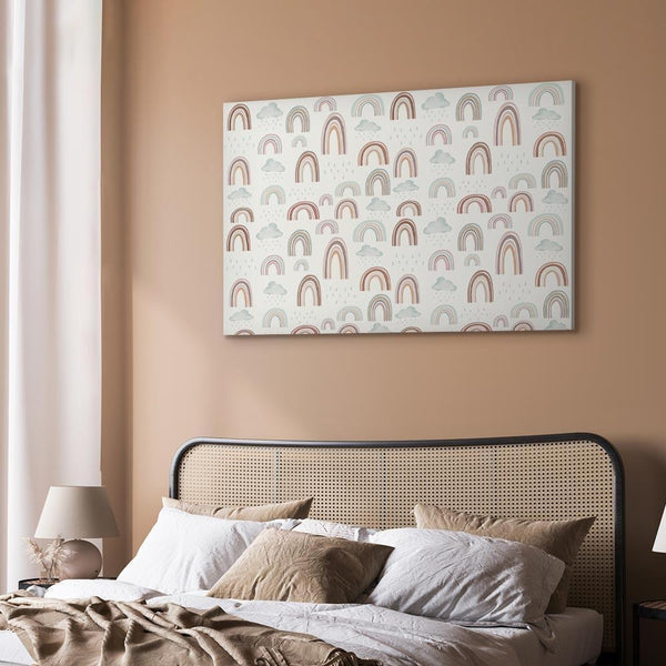 Quadro - Rainbows After the Storm - Rainbows of Various Sizes in Pastel Hues Among Rain Clouds in a Gray-Blue Shade