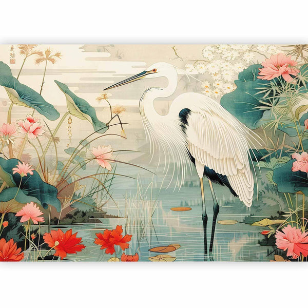 Carta da parati - By an Asian pond - an illustration in the style of a Japanese engraving, depicting a heron