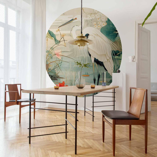 Carta da parati rotondi - By an Asian pond - an illustration in the style of a Japanese engraving, depicting a heron