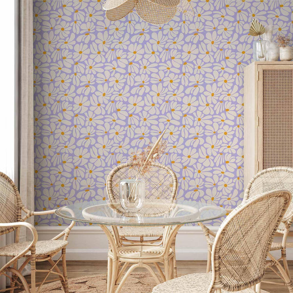 Tappezzeria murale - Cute Creamy Little Flowers - Small flowers with creamy - wind-blown petals on a blue background
