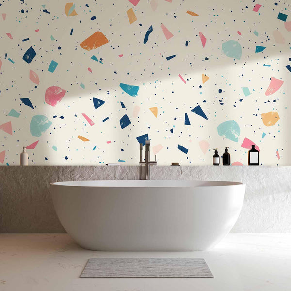 Carta da parati - Terrazzo with Multicolored Large Elements Cheerful Pattern on a Light Background