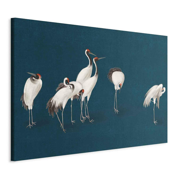 Quadro XXL - Evening by the pond - a group of cranes drawn in dry pastel on a dark turquoise background