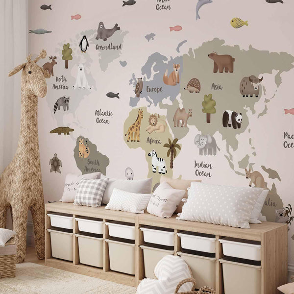 Carta da parati - Pastel Map - Animals and Continents for Children's Room