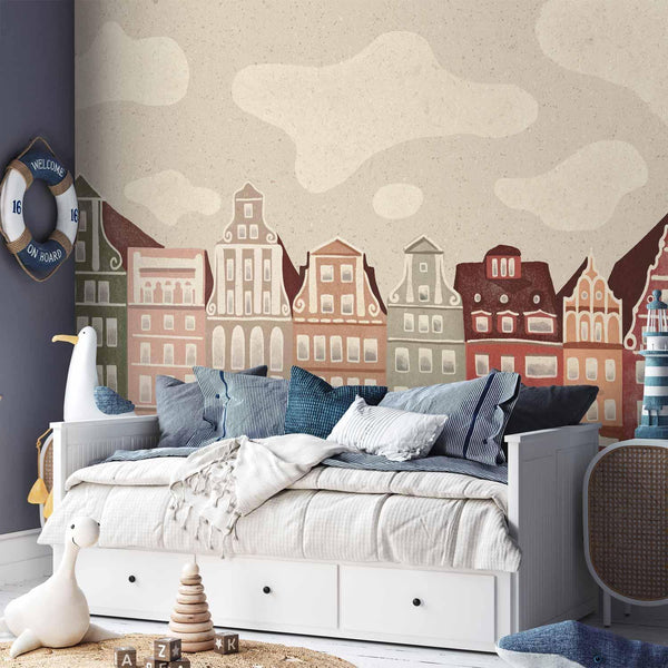 Carta da parati - Salt Square - Colorful Illustrated Townhouses Against a Cloudy Sky Background