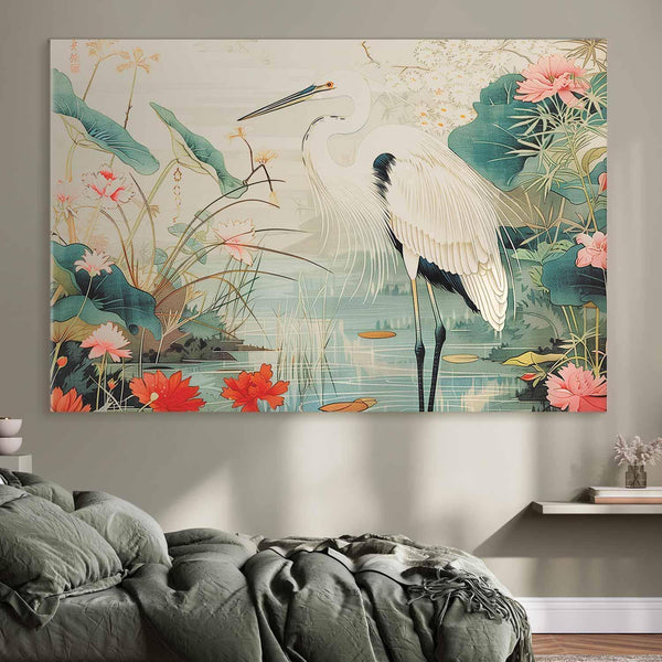 Quadro XXL - By an Asian pond - an illustration in the style of a Japanese engraving, depicting a heron
