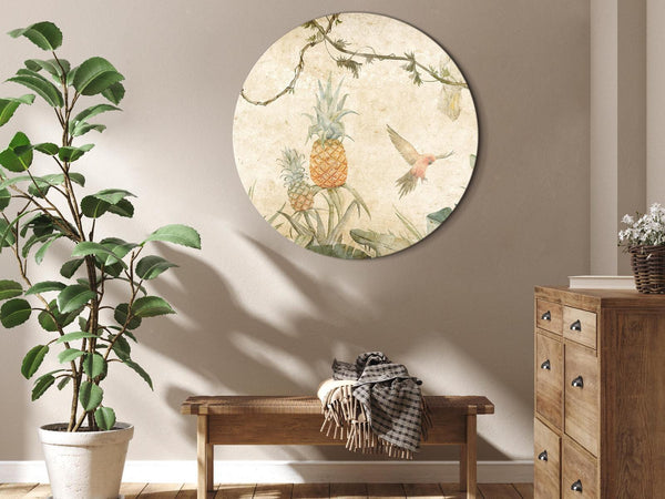 Quadro rotondo - Tropics in muted colors - Parrots and pineapples amidst lush exotic flora in soft shades of green